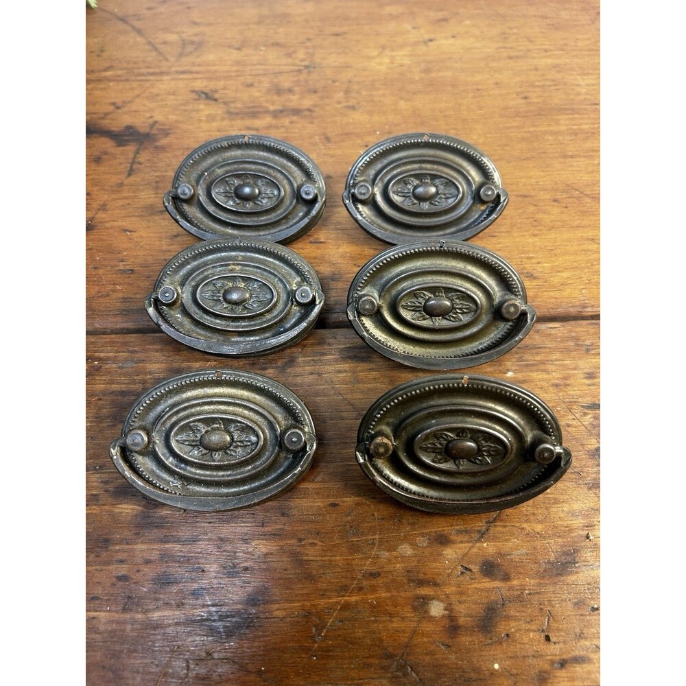 Set Of 6 Antique Vintage Brass Drawer Pulls Handles Oval Shaped